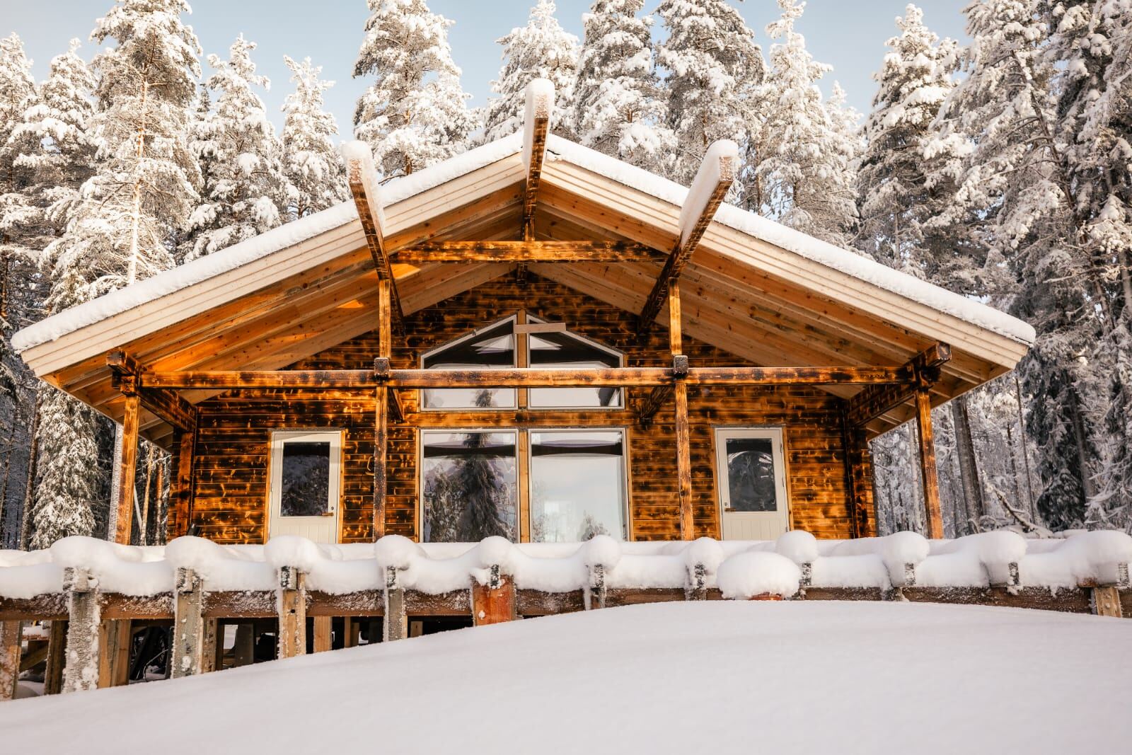 Snow-covered cottage exterior